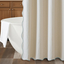 Beige Scalloped Shower Curtain Linen Textured with 12 Metal Hooks Cute Heavy Dut
