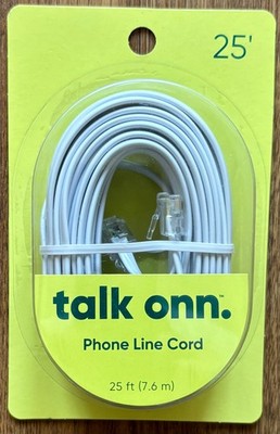 Talk Onn 25' Flat 4 Conductor Phone Line Cord White New
