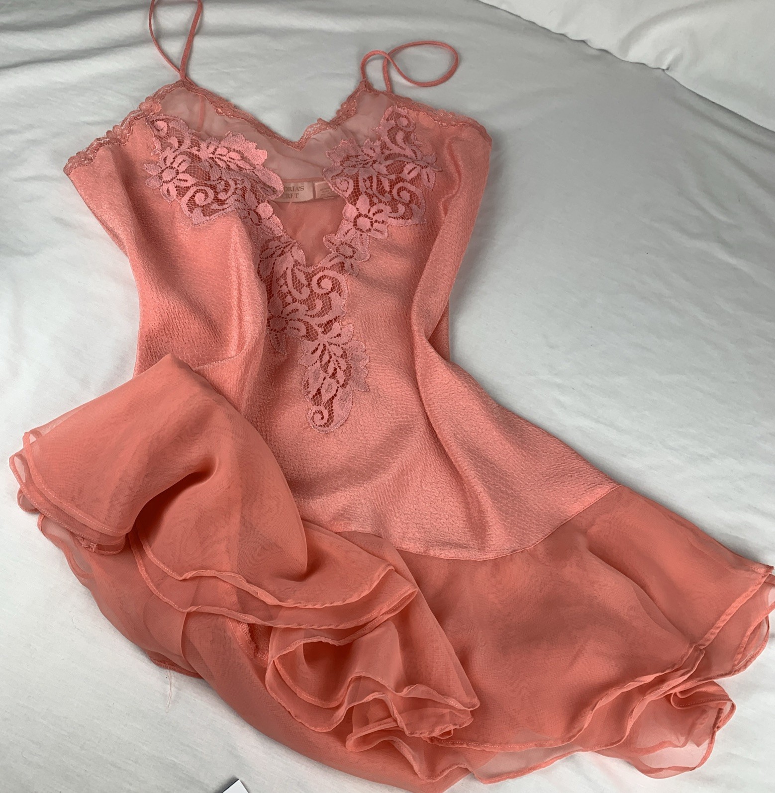 Vintage Victoria’s Secret Gold Label Sz Med Slip Dress Peach Lace Sheer Fairy