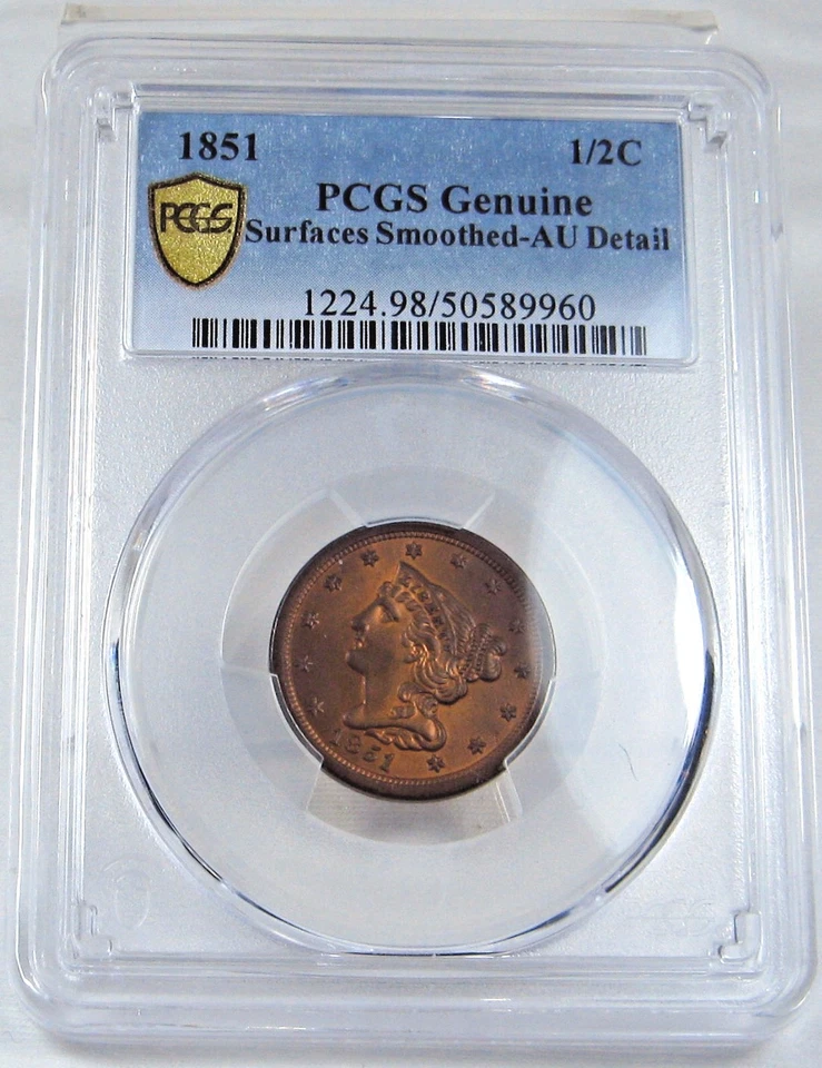 1851 Half Cent PCGS GOLD SHIELD ALMOST UNCIRCULATED DETAILS #445-3 - Image 2 of 4