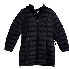Women  s Black Hooded Long Puffer Jacket Full Zip Lightweight Packable Sz medium