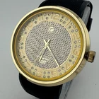 Techno Pave Quartz Watch Men Gold Tone Rhinestone Rubber Band Analog New Battery