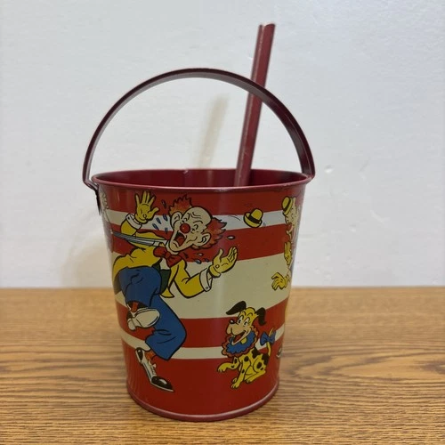 VINTAGE TIN LITHO OHIO ART METAL TOY BEACH SAND PAIL & SHOVEL DOG & CLOWNS PRANK