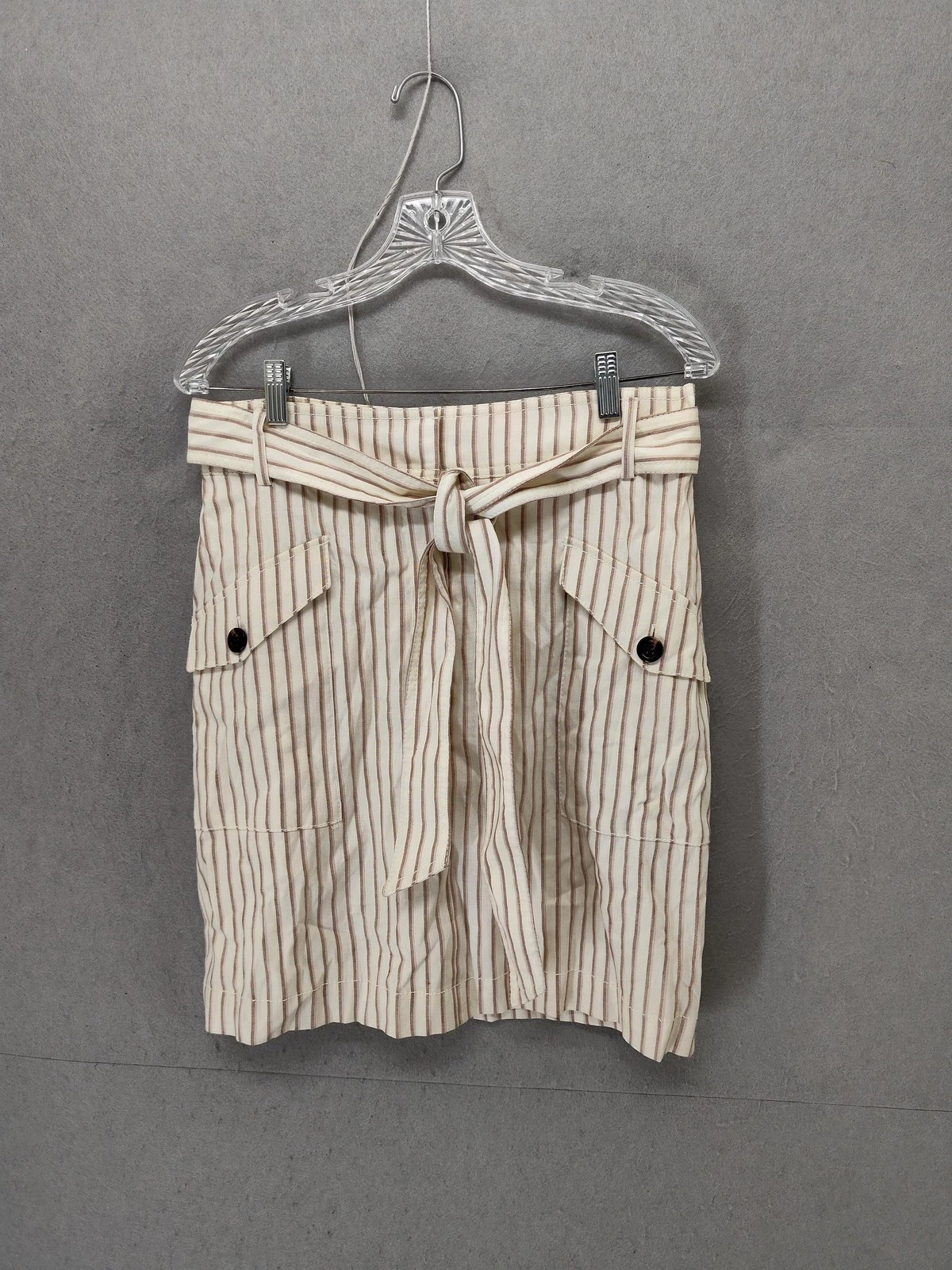 Ann Taylor Skirt Womens 8 Beige Brown Striped Belted Linen Rayon Pockets New