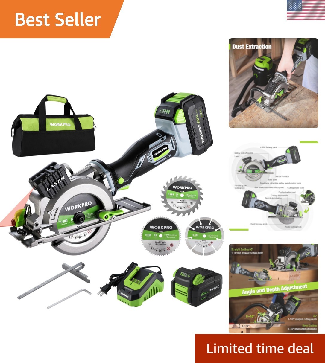 Lightweight 20V Cordless Saw - 4500 RPM with Laser Guide & F