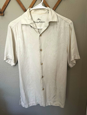 Tommy Bahama Men s Beige 100% Silk Woven Floral Short Sleeve Button-Up Shirt XS
