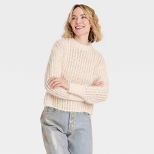 Women Crewneck Openwork Pullover Sweater - Universal Thread Cream S