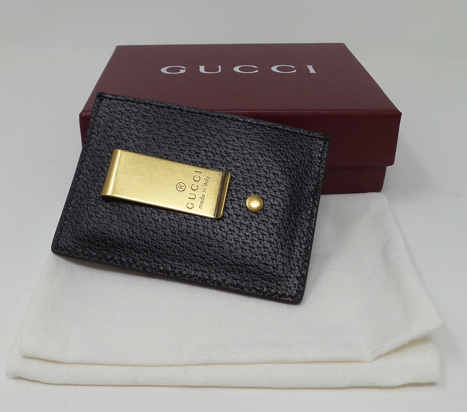 Gucci Money Clip Wallet Brass GG Card Holder Unisex Mens Womens, BLACK Leather-image