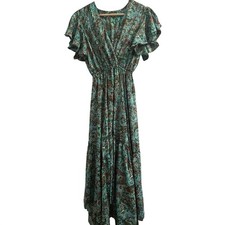 S.M. Moda Silk Blend Paisley High-Low Maxi Dress Teal Green New One Size