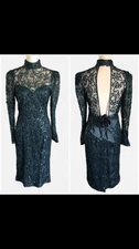 JESSICA MCCLINTOCK STUNNING VINTAGE LACE SEQUIN DRESS OPEN BACK BOW SIZE 6