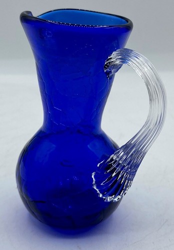 Small Cobalt Blue Crackel Glass Creamer Pitcher With Applied Clear Handle 4" - Picture 2 of 6