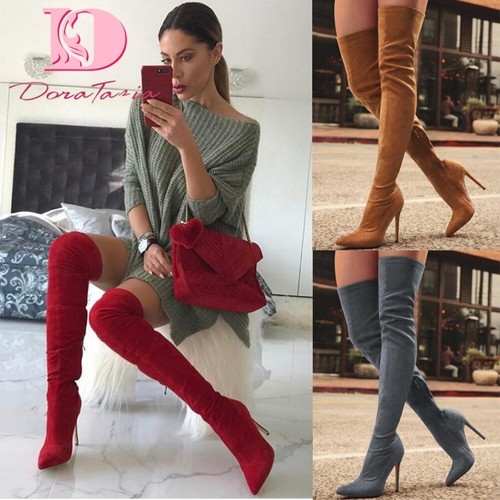 Botas de Mujer Modernas Bota Altas con Tacones Altos Casuales Rojas Gris  Negra | eBay