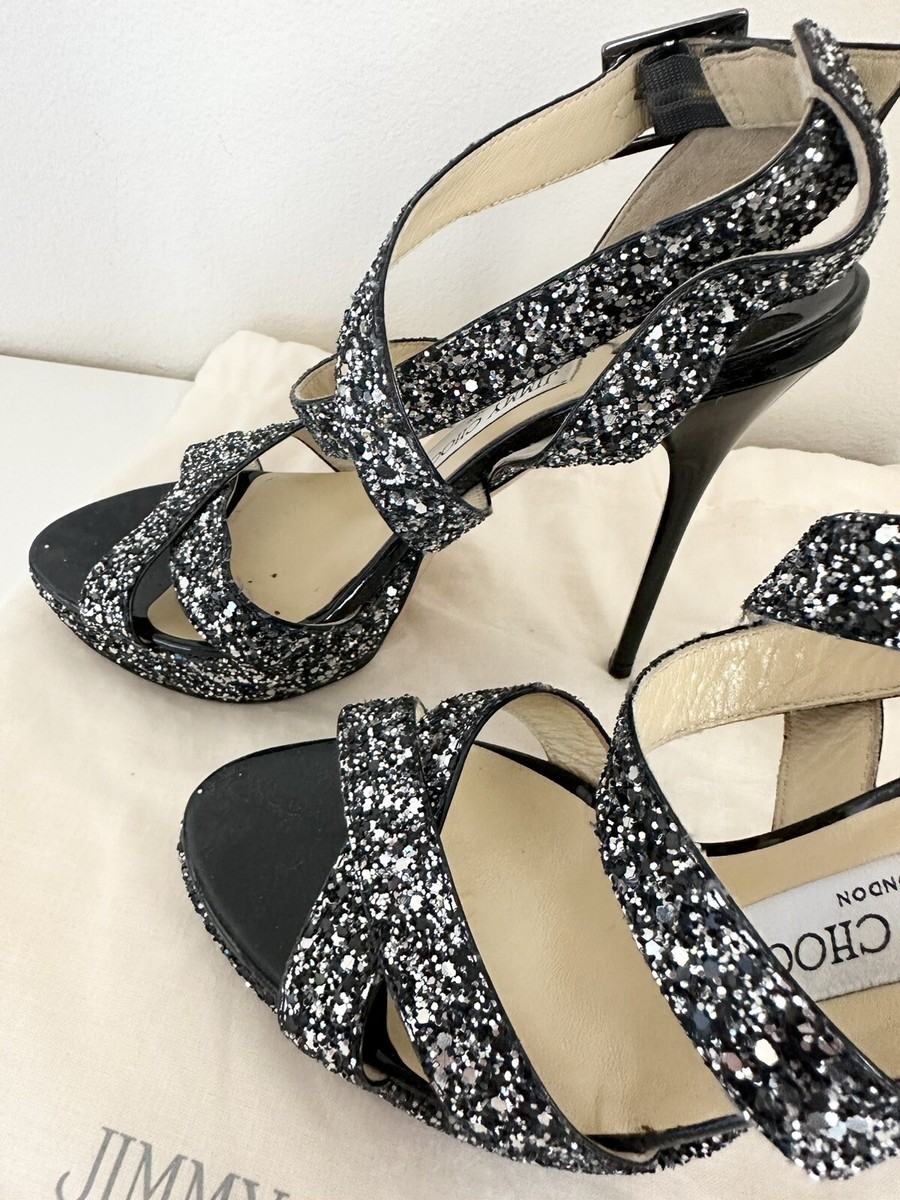 Jimmy Choo Black Glitter Vamp Ankle Strap Platform Heels Size 37