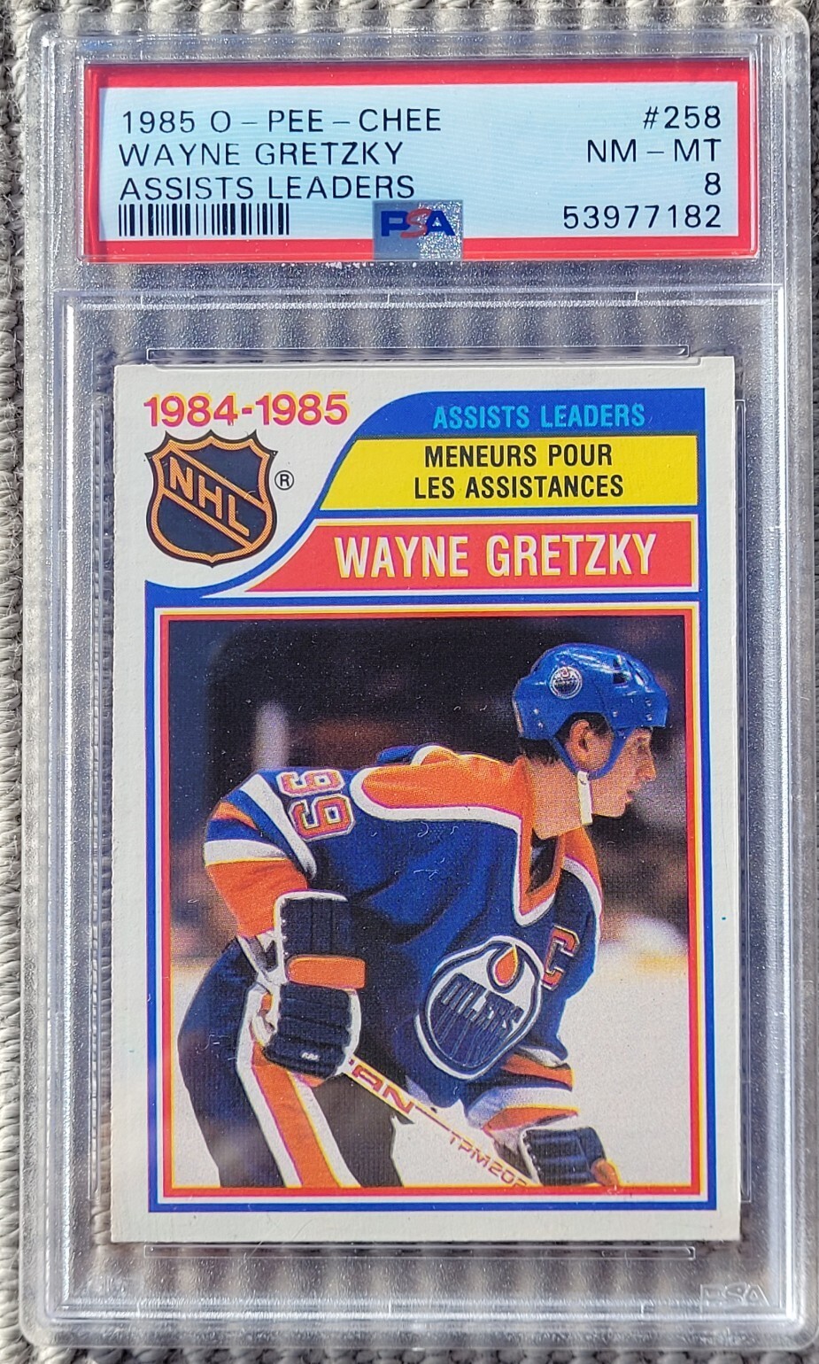 85-86 O Pee Chee -- WAYNE GRETZKY Assists Leaders -- #258 -- PSA 8 !!