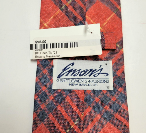 $95 New ENSON'S Men's Neck Tie 100% LINEN Orange Blue Plaid Check MADE IN ITALY - Picture 5 of 8