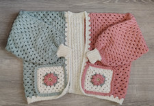 Handmade Crochet Cardigan Granny Square Flower Pockets Colorblock Boho Jacket