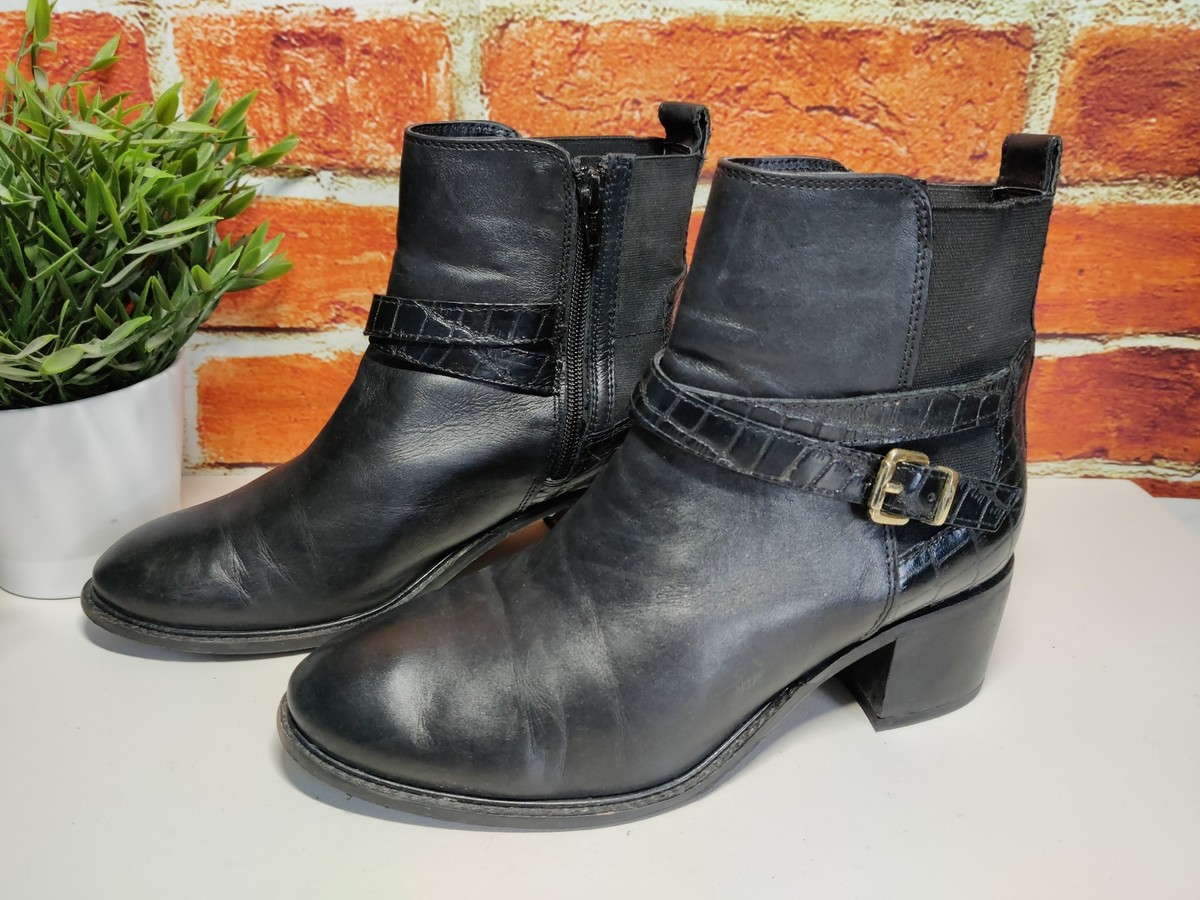 WOMENS DUNE LONDON POET UK EU 40 BLACK LEATHER BUCKLE BLOCK HEEL