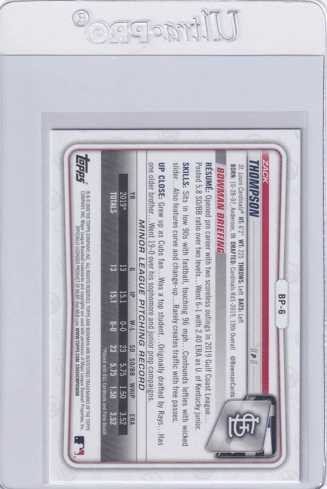 2020 BOWMAN PROSPECTS RC ZACK THOMPSON ST. LOUIS CARDINALS ROOKIE BASEBALL E7314 - Image 2 of 2