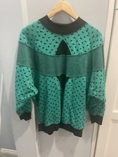 Vintage 1980 s Sweatshirt Green Polka Dot Geometric Crew Neck Long Sleeve