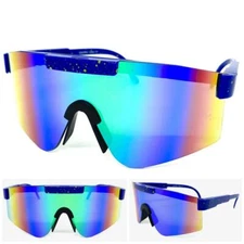 Oversized VINTAGE 80s RETRO SPORTY WRAP AROUND Style SUNGLASSES Large Blue Frame