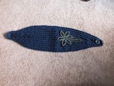 Beautiful Knit Headband Ear Warmer Navy Beaded Appliqued 2 button Adjustment