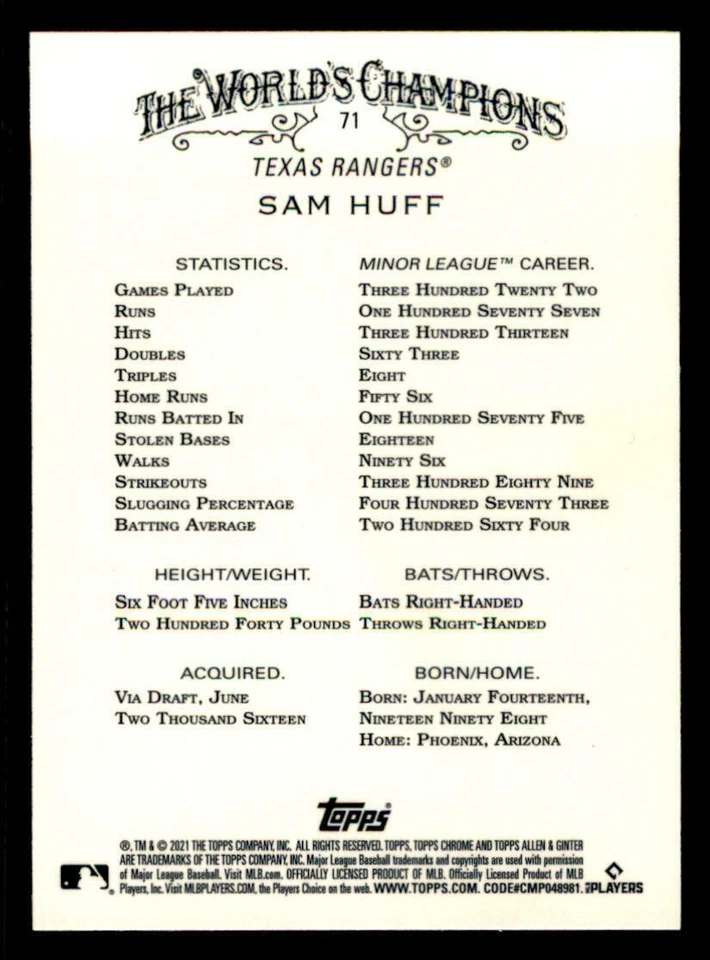 2021 Topps Allen and Ginter Chrome Refractors #71 Sam Huff RC (ref Y02262) - Image 2 of 2