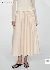 Mango Cream Beige 100% Cotton Pleat Maxi Skirt Size EU34 (UK 6)