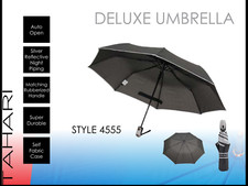 TAHARI T4555 Auto Open Umbrella Deluxe, BLACK W/ SILVER TRIM Rubber grip handle