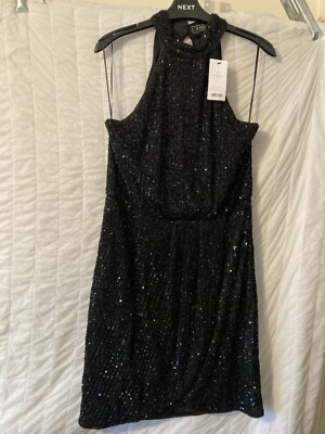 Lipsy Black Sequin Halter Neck Split Front Mini Dress Size 16 BNWT | eBay UK