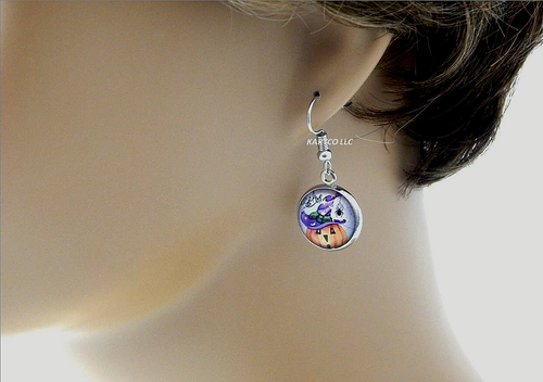 HALLOWEEN CABOCHON PURPLE HAT PUMPKIN EARRINGS-MEDIUM - Picture 4 of 9