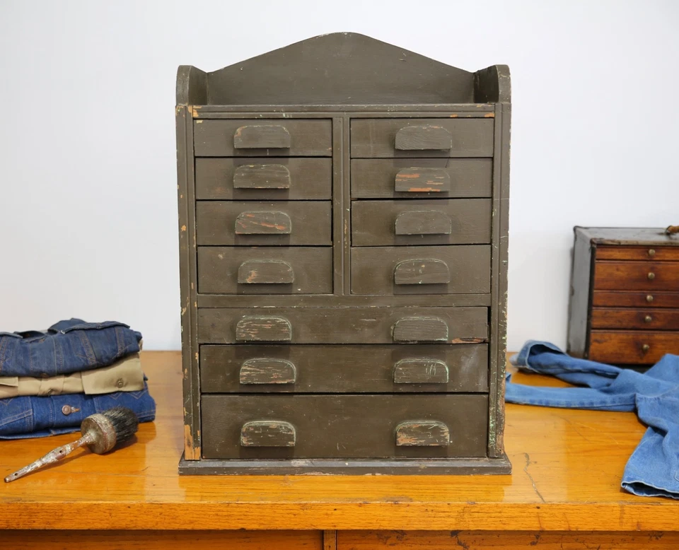 Старинный аптекарский шкаф деревянный ящик для инструментов ящик часовщика набор винтажный зеленый - Изображение 3 из 4