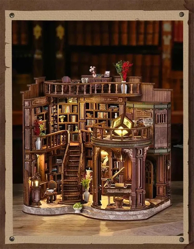 3D Puzzles DIY Wooden House Figurines Miniatures Kits Retro Dreamy Book Hall - Image 3 of 4
