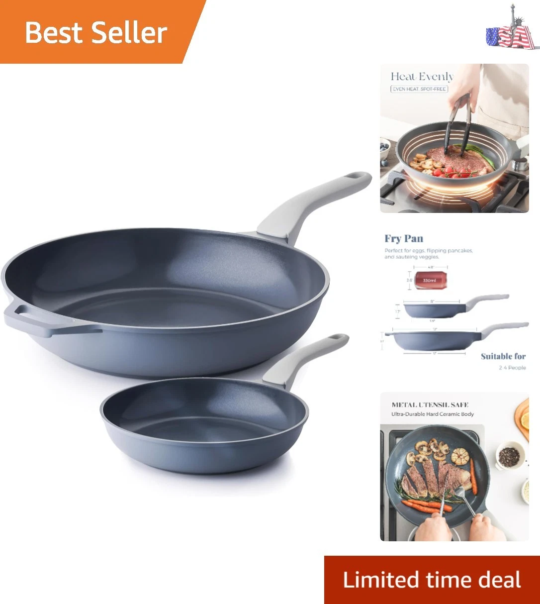 Ergonomic Stay Cool Handle Frying Pan – 4 Quart Nonstick Ceramic Cookware