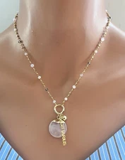 Zodiac Charm Necklace Gold Astrology Charm Necklace Rose Quartz Necklace Beads
