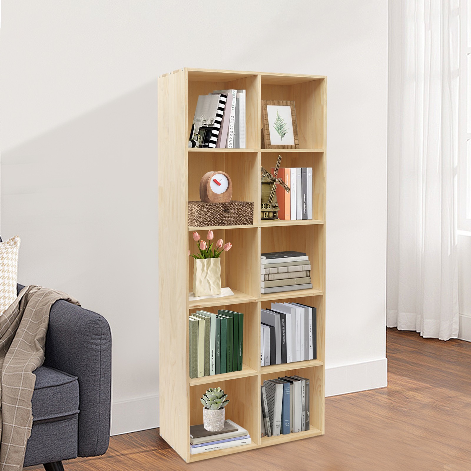 2-Tier/5-Tier Wooden Bookcase, 59in Open Display Bookshelf for Home, Office