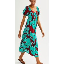 Nine West Teal Oleander Floral Babydoll Maxi Dress Puff Sleeve Smocked Med NEW