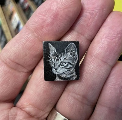 Gray Tabby Kitten Cat Art Miniature Oil Painting Original Scrabble Tile OOAK