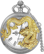 Dragon Design Quartz Pocket Watch Roman Numerals with Chain Birthdays Gifts for