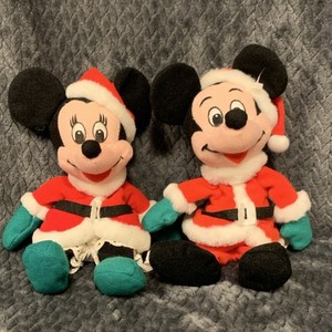 Disney Store Mickey & Minnie Mouse Santa Christmas bean bag Plush Set of 2