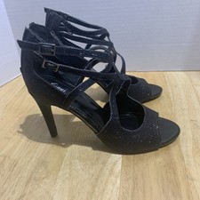Fioni Black Glitter Strappy Zip Open Toe 4" Heels Sz 7.5