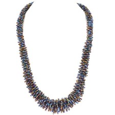 Long Mix Blue Peacock Brass-tone Glass Seed Beads Necklace, 32"