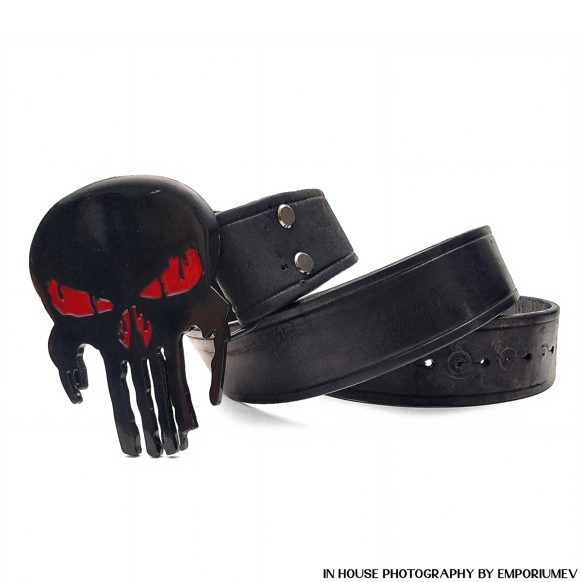 Emporiumev Punisher Skull Black Leather Belt Reversible 