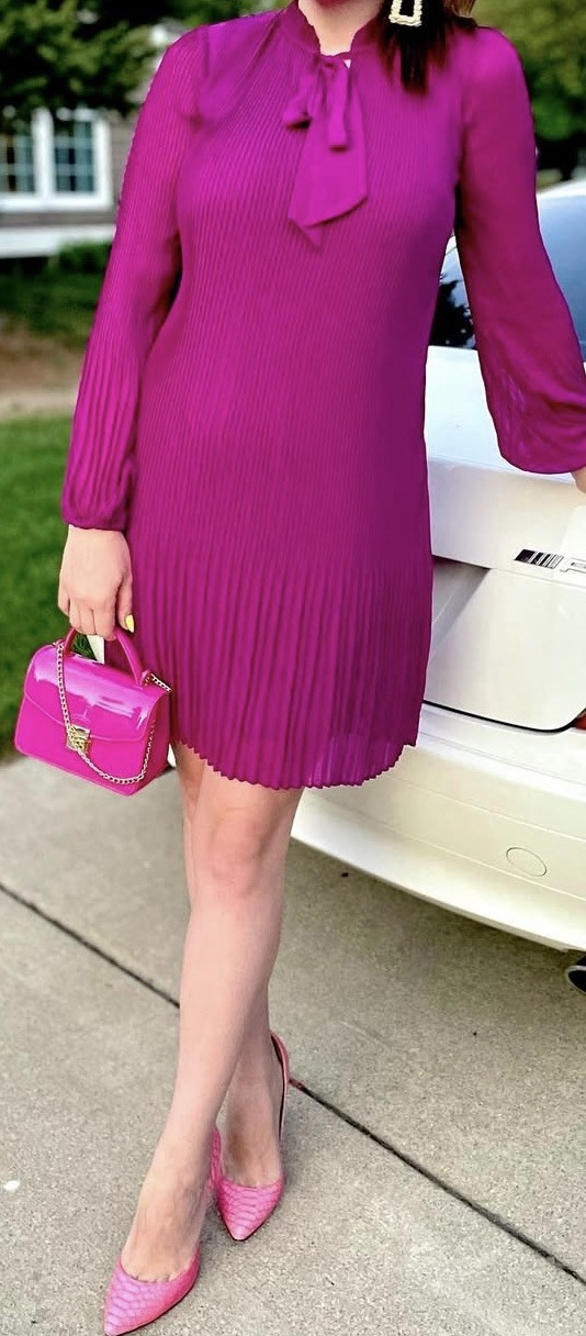 DKNY Long Sleeve Tie Neck Pleated Shift Dress, size 2, Maroon/purple