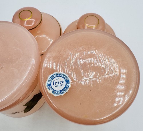 Pair Vtg Irice Pink Opaline Glass Lidded Jar Gold Gilt Trim Apothecary WGermany - 第 7/8 張圖片