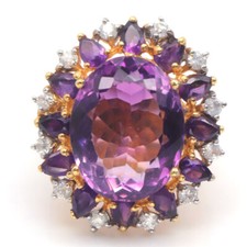 Unheated Gemstone Purple Amethyst White Zircon Ring 925 Sterling Silver Size 7