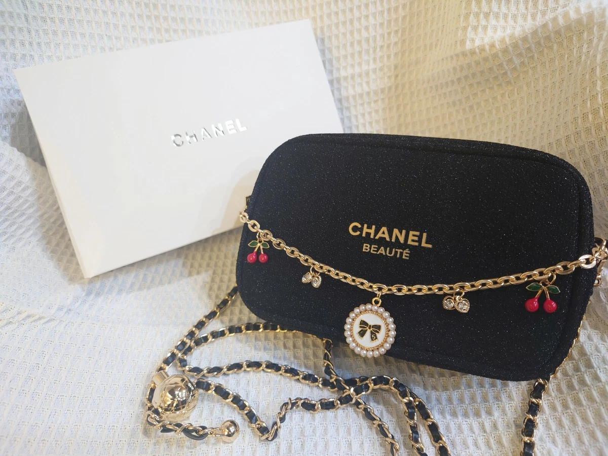 CHANEL 2021 Holiday Black Cosmetic Makeup/Crossbody Bag with multi pendant  chain