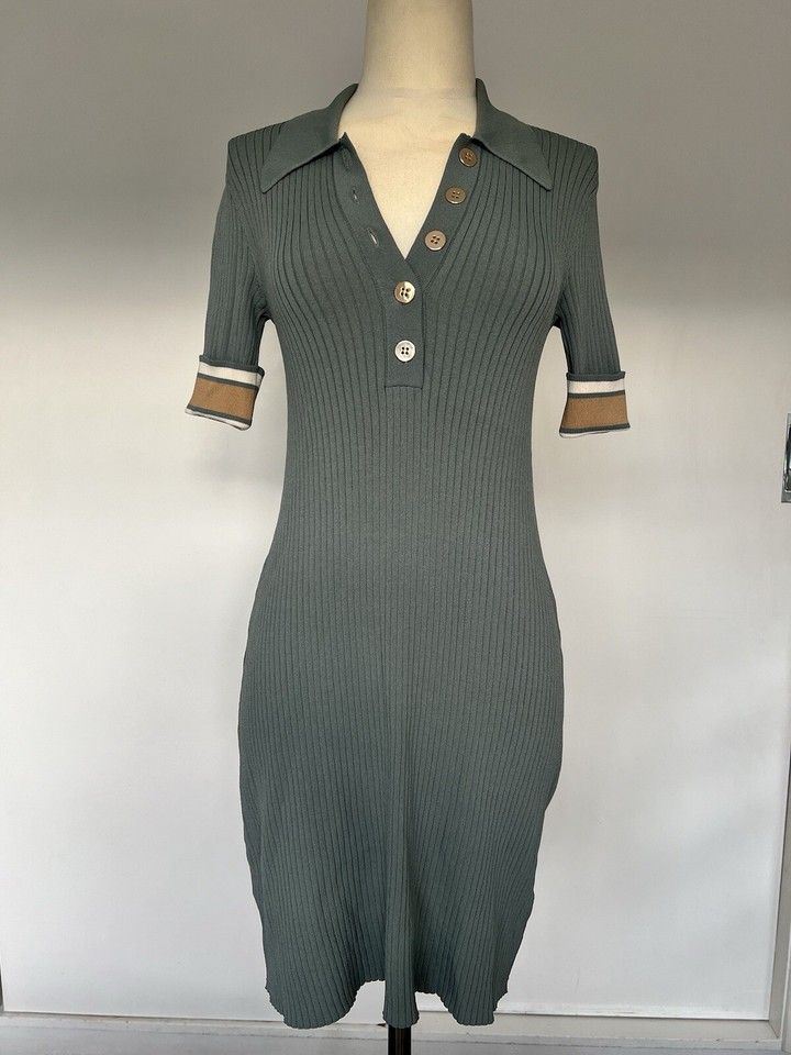 St Cloud Label Dress Xtra Small Olive Green Rib Knit Polo Mini Short Sleeves 