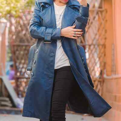 Stylish Women Blue Long Belt Designer Lambskin Leather Trench Coat Handmade Fit