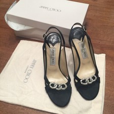 JIMMY CHOO BLACK SATIN HERON SLINGBACK SANDAL Capretto JEWEL SHOE Heel 38.5 630