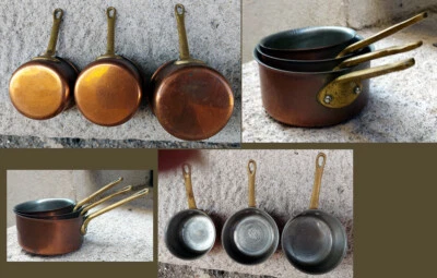 Trois petites casseroles saucière en cuivre étames - Photo 1/4